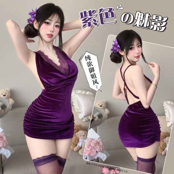 Model wearing purple lace bodysuit skirt set with thigh-high stockings, back view shown in mirror.