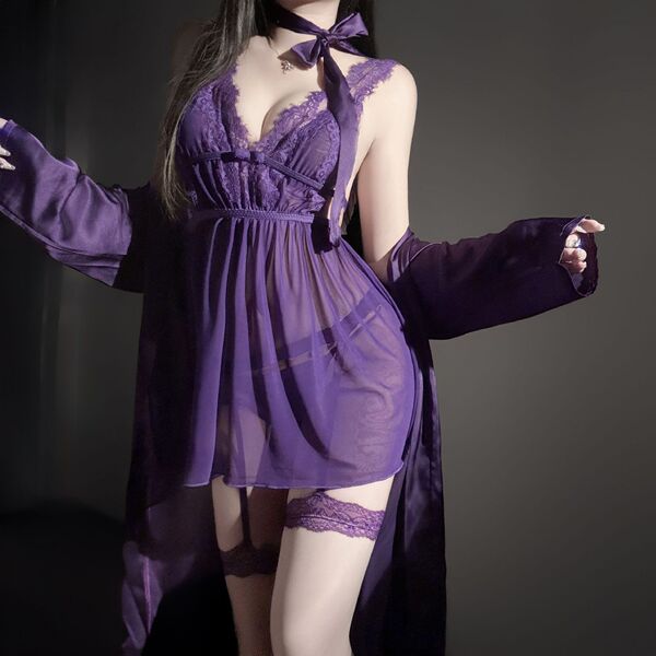 Elegant purple lace sleep dress with sheer fabric, perfect for valentines and new year celebrations, featuring delicate lace ...