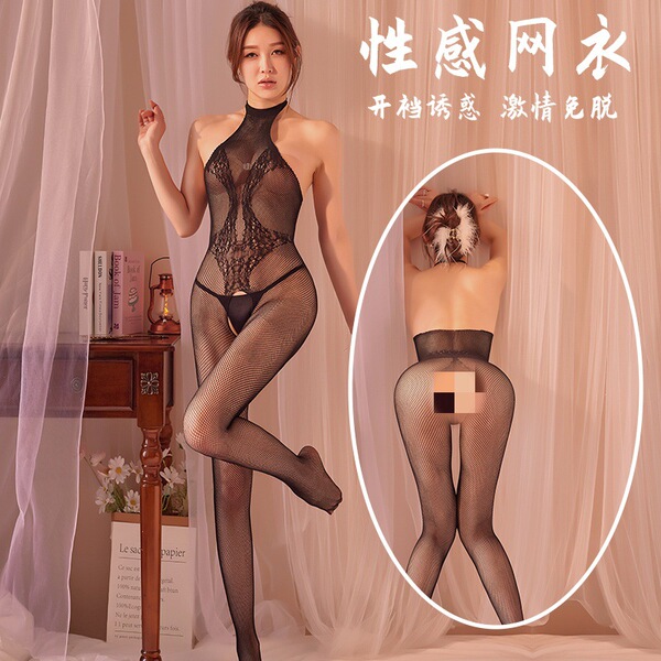 Woman modeling black sheer mesh bodysuit with lace details and open-crotch design, shown front and back views.