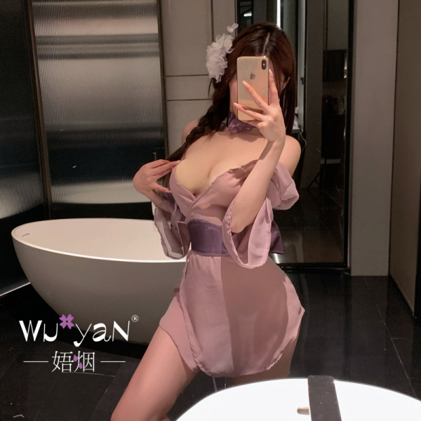 Woman in bathroom mirror wearing qqny seductive modest lingerie set – a busty-flattering, playful sleep dress for couples.