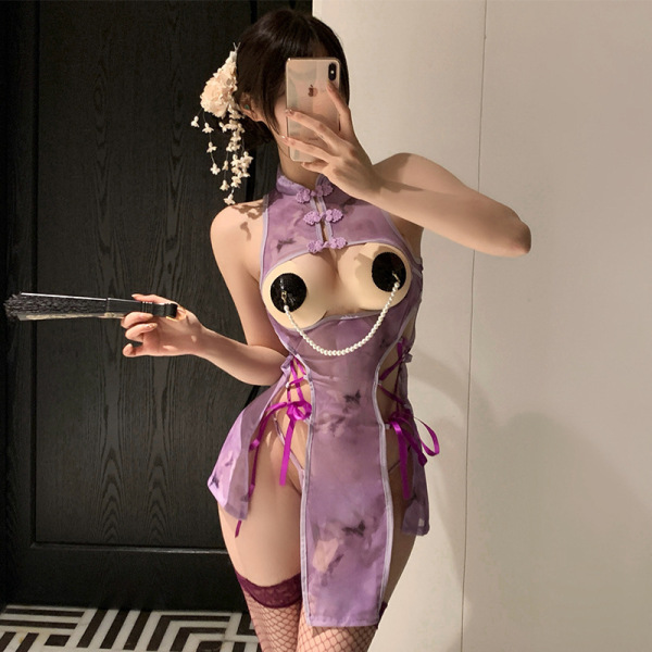 Woman in purple qqny silk-look cheongsam lingerie set with pearl chain, floral hairpiece, fishnets, holding fan and phone.