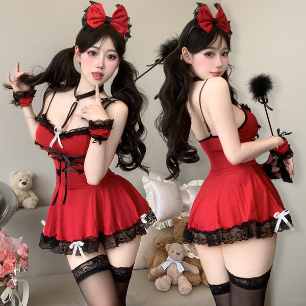 Rainlianxin sexy maid lingerie set - red lace dress with bow headband, black stockings, and playful accessories for women. pe...