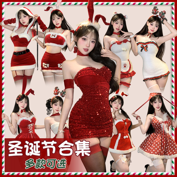Sexy red bunny girl christmas outfit, holiday lingerie set & pure-temptation slip dress for women