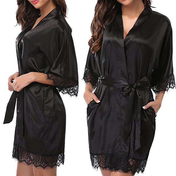 Ruixiang plus size sexy robe for women – ice silk lingerie bathrobe, featuring elegant black lace detailing and soft fabric, ...
