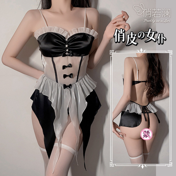 Sexy maid costume set for women featuring black and white design, open-crotch style, sweet and alluring lingerie.