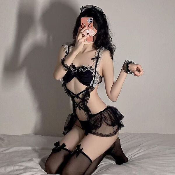 Seductive lace bodysuit with stockings, perfect maid costume for passionate play. features intricate lace details and elegant...