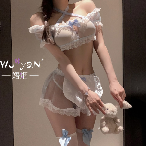Seductive maid sleepwear set featuring white lace lingerie with blue bows, perfect for couples seeking provocative bedroom ou...