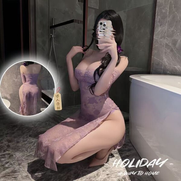 Seductive purple sensual lingerie set - modest yet alluring sleepwear for date night & bedroom wear, showcased in a luxurious...
