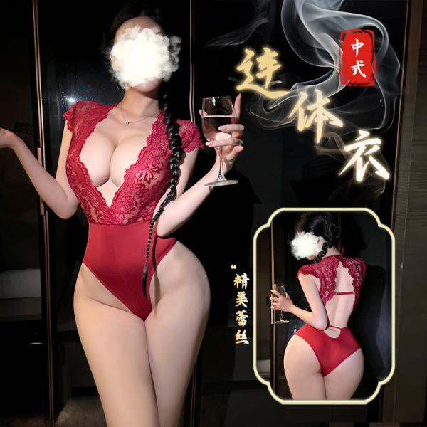 Woman in red lace bodysuit with open-crotch design, holding wine glass; inset shows back view of matching lingerie set.