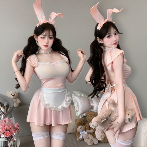 Pink bunny maid costume with lace, sheer mesh, and adjustable straps. playful no-remove design for sensual roleplay.