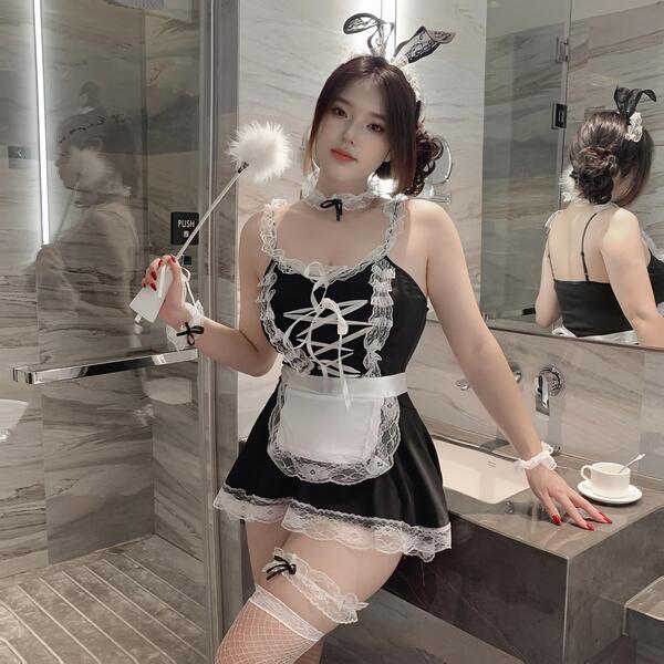 Sensual sheer lace lingerie set - busty pure-desire maid outfit, no-remove design, featuring lace details and playful accesso...