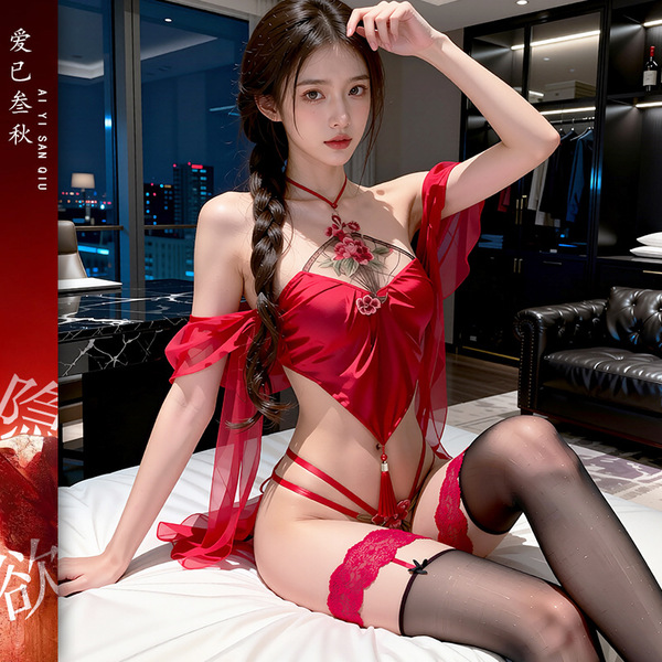 Sexy ancient chinese style bodysuit - lace-up hollow-out lingerie set with embroidered cheongsam-inspired design