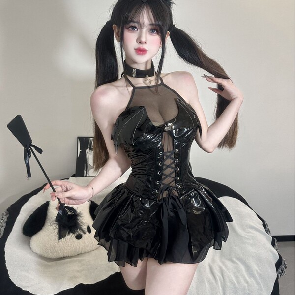 Sexy devil lingerie set - sheer temptation outfit with leather-look straps and bedroom bondage style