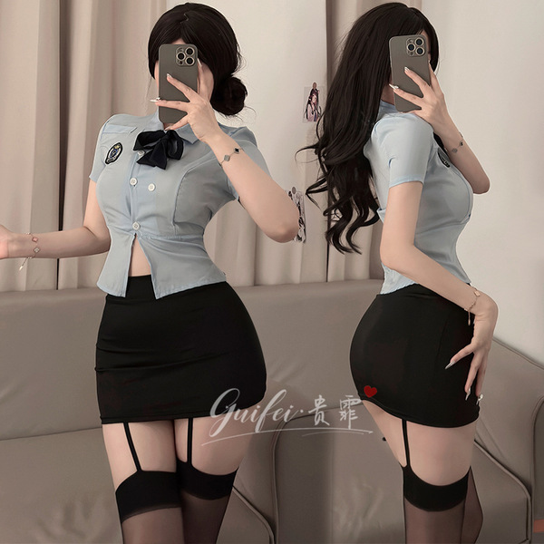 Sexy female police officer costume - role play uniform for women, featuring a tight skirt and secretary outfit with stockings...