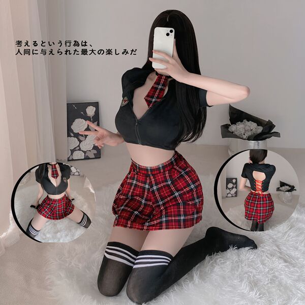Woman modeling sexy jk style lingerie set with red plaid skirt, black crop top, and thigh-high socks in school uniform inspir...
