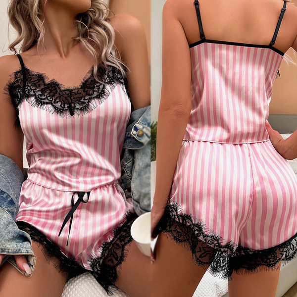 Sexy lace lingerie set featuring elegant pink and white stripes with black lace trimmings, perfect for stylish sleepwear and ...