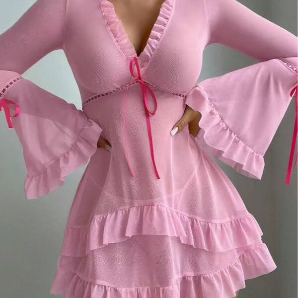 Pink lace lingerie set with v-neck, bell sleeves, and picot trim – sexy mesh bra and panty for women.