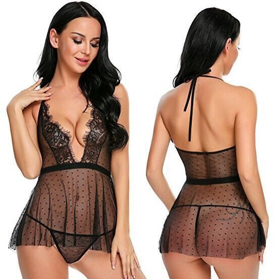 Sexy lace see-through lingerie set featuring elegant lace details and sheer fabric, perfect for premium erotic sleepwear.