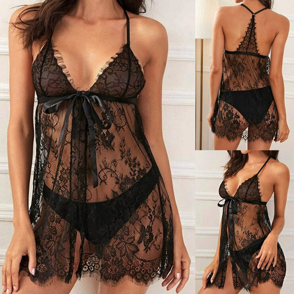 Sexy lace sheer open-front sleep dress for women, plus size romantic nightwear, elegant lingerie sleepwear with delicate flor...