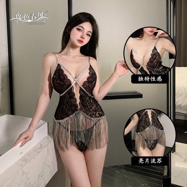 Sexy leopard print lace bodysuit - latin dance costume & seductive sleepwear with shiny fringe & sparkle details
