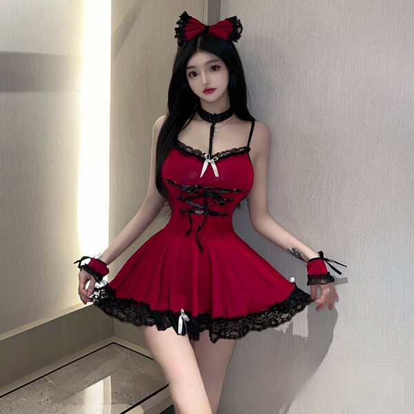Sexy maid costume sleepwear set featuring a red dress with lace details, bow headband, and gloves, perfect for role play and ...
