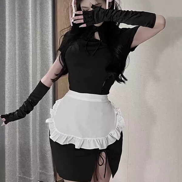 Sexy maid costume for women featuring a black top, white apron with ruffles, and long gloves, perfect for cosplay or nightclu...