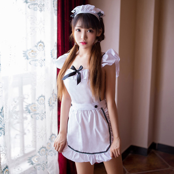 Sexy maid costume for women featuring an open-crotch design, seductive sleep dress, and roleplay uniform outfit with white ap...