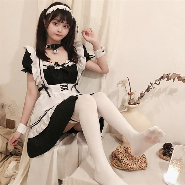 Sexy maid costume set for women featuring a black and white apron dress with headband, perfect for seductive lingerie outfits...