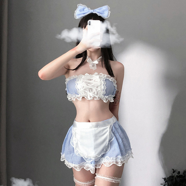 Sexy maid costume for women featuring a lace-trimmed blue and white outfit with a bow headband, perfect for seductive role pl...