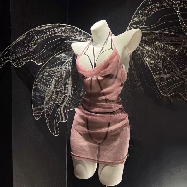 Sheer lace bodycon dress with mesh wings, inspired by chinese design. perfect for couples seeking a unique, sexy maid costume...