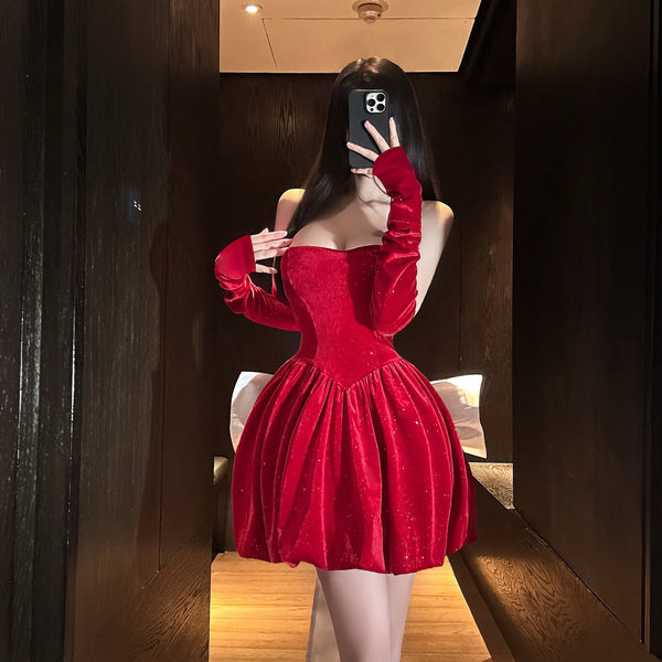 Sexy off-shoulder bow dress with sparkling mini skirt, perfect for new year celebrations. princess-inspired design adds elega...