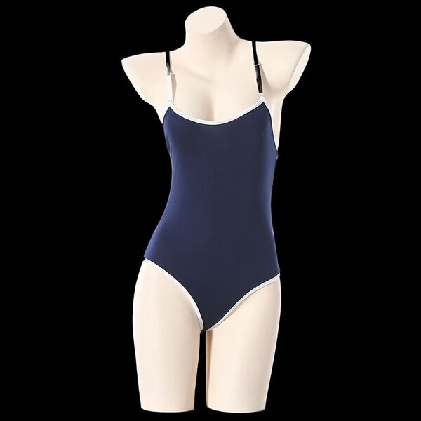 Navy blue sheer milk silk bodysuit on mannequin, tight-fit one-piece swimwear with white trim and thin straps.