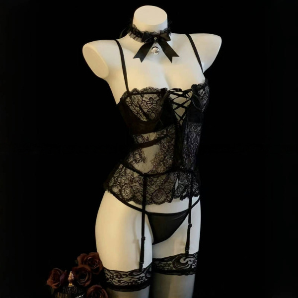 Black lace lingerie set with push-up design, featuring a corset top, garter straps, and matching choker for a midnight passio...