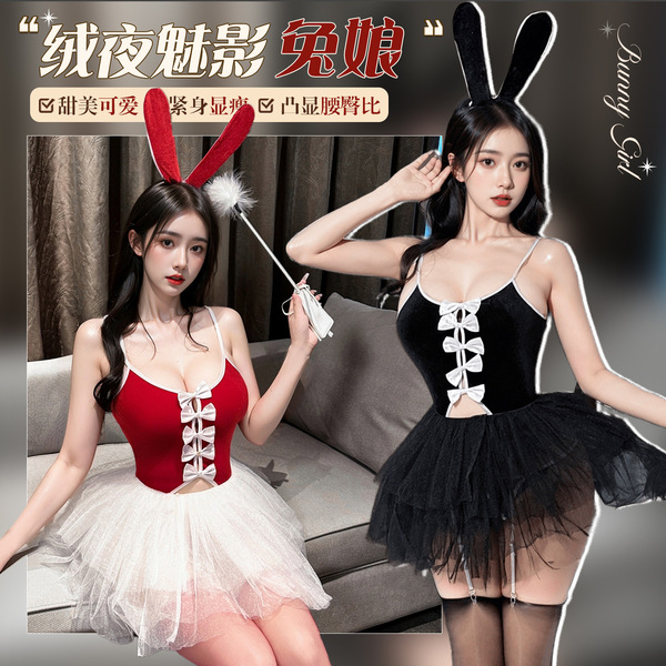 Sexy velvet bunny girl costume with bow - cute christmas & new year outfit, princess tutu dress