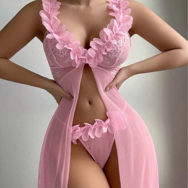 Sexy velvet deep v lace sleep dress set for women – sensual backless nightgown with elegant trim