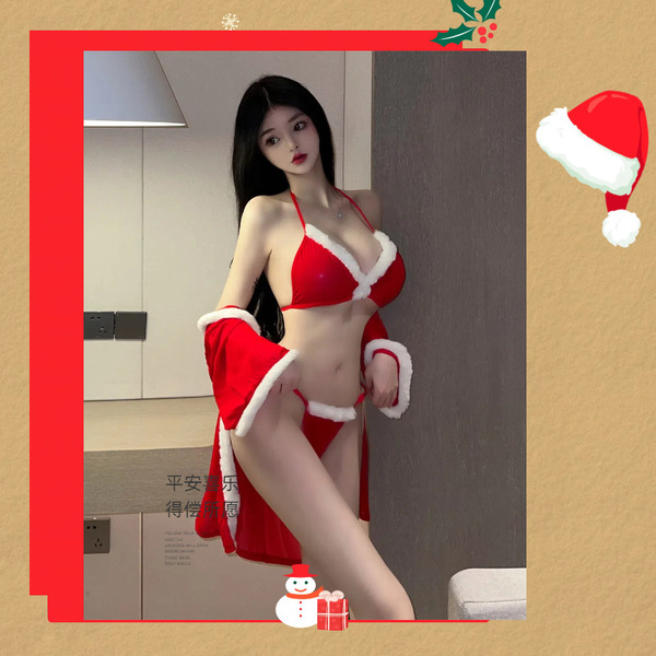Sexy new year themed lingerie set - three-piece holiday costume with open-crotch design for playful outfit inspiration