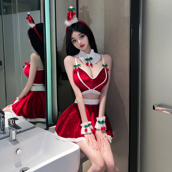 Sexy christmas-themed lingerie set featuring red and white colors with festive cherries, perfect for holiday role play outfit...
