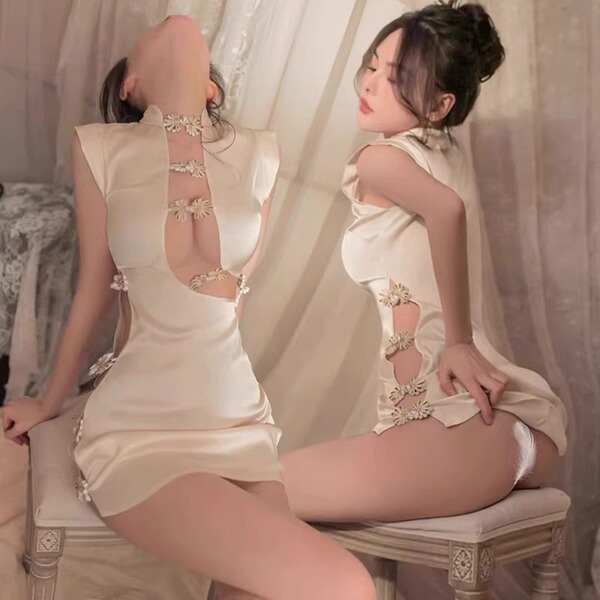 Elegant beige qipao dress with floral embellishments, perfect for seductive sleepwear or date night outfits. ideal for small ...