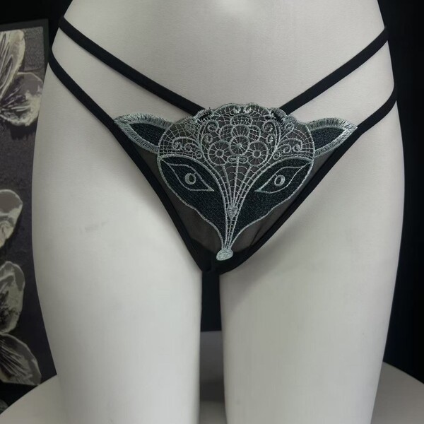2026 Fox Embroidery Lace Mesh Bikini Panties – Sexy Cotton Antibacterial Briefs with Sheer Cutouts & Crisscross Back