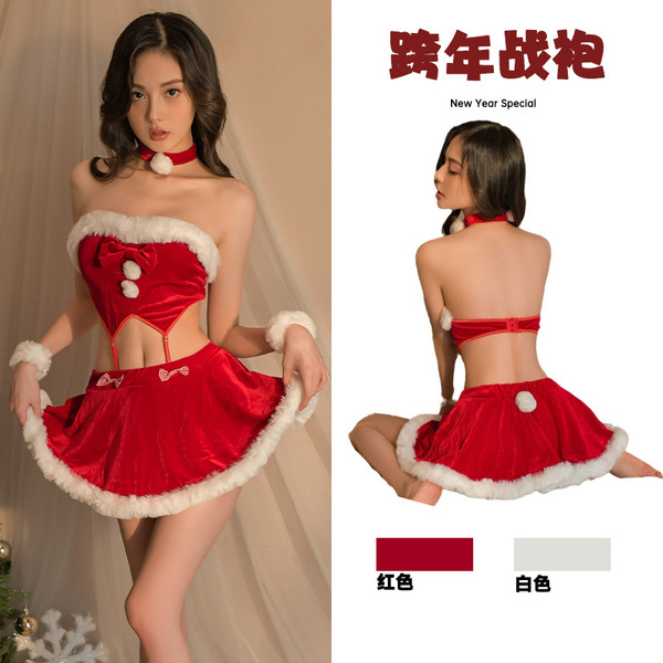 Sexy santa-inspired dress with strapless bra top, festive red velvet design, perfect holiday costume.