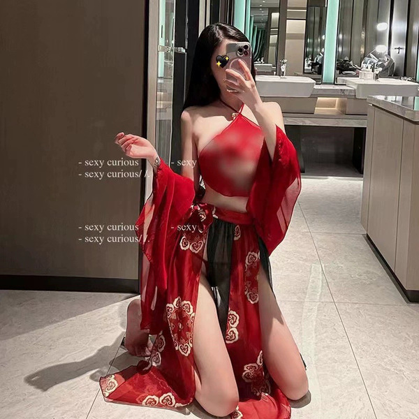 Seductive ancient chinese palace-style lingerie set featuring a red bodice and sheer flying skirt with intricate embroidery, ...