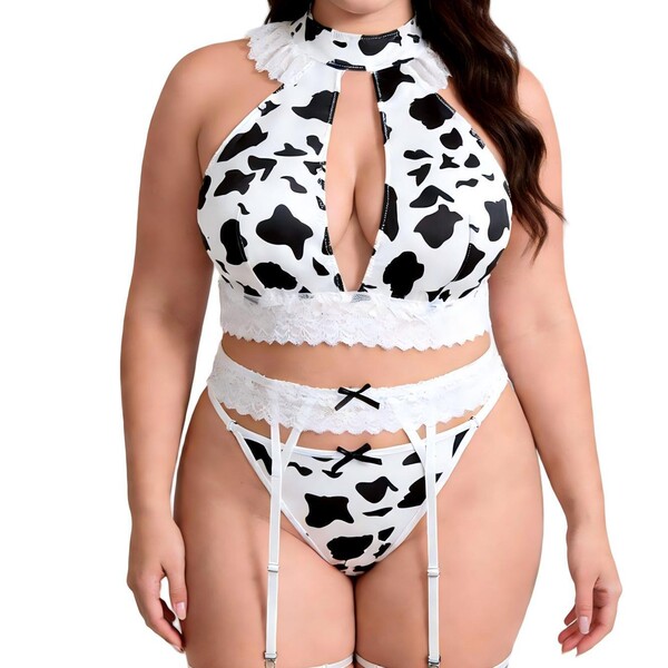 Sexy black and white cow print lingerie set with push-up bikini top, lace trim, garter straps, and non-slip grip for pure tem...