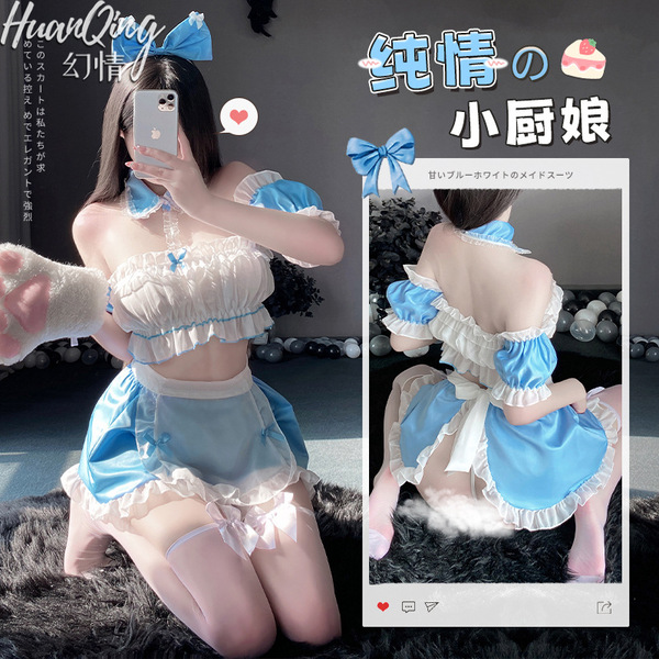 Blue lolita maid costume for women - sexy role play lingerie with bow, seductive uniform outfit