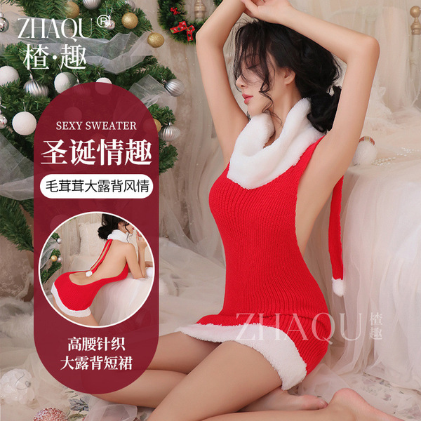 Sexy sweater with high neck design, backless christmas cosplay outfit for women, festive holiday-themed lingerie set.