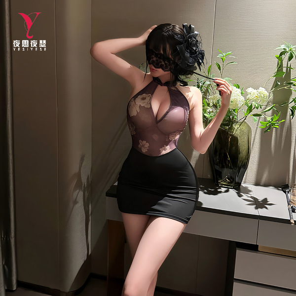 A woman poses elegantly in a black cheongsam-style dress with floral lace details, perfect for nightclub or office roleplay. ...