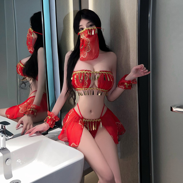 Chinese New Year Red Lingerie Set - Exotic Dance-Inspired Hanfu-Style Split Costume for Couples