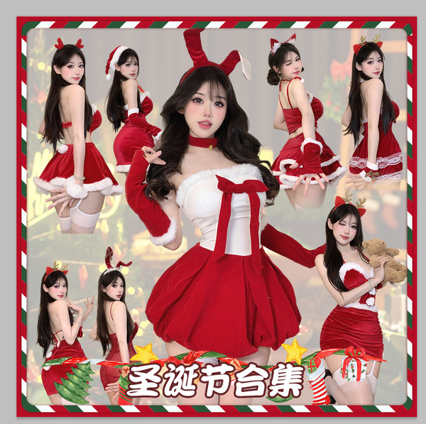Christmas Cosplay Costume Lingerie Velvet Nightgown Set - Sexy Role Play Sleepwear for New Year Eve