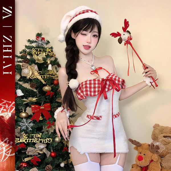 Sexy christmas velvet lingerie set featuring a cute bodycon mini dress with reindeer accents, perfect for cosplay outfits.