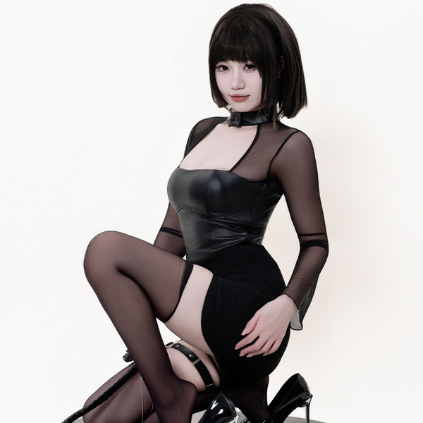 Genuine Cloud Lingerie Black Mesh Leather Mini Dress - Sexy Tight Bodycon Skirt for Bold & Alluring Looks