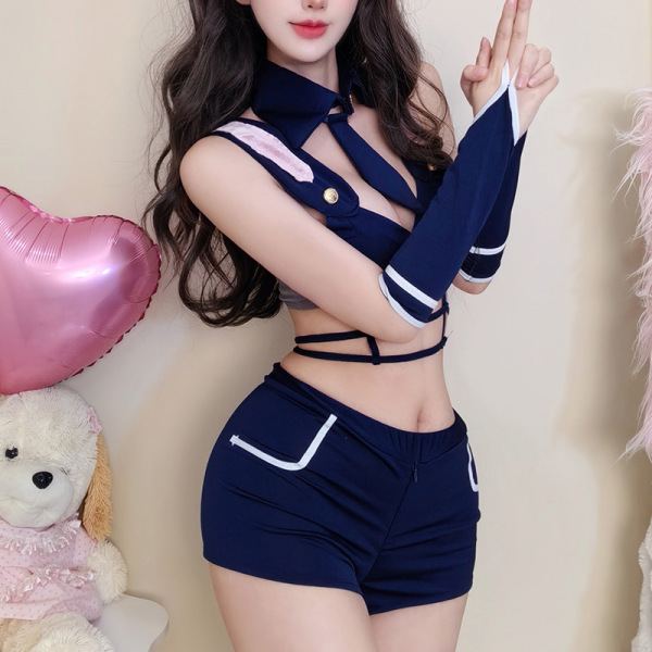 Woman wearing navy cute bunny girl costume set with split short shorts, bunny ears headband, and arm cuffs for role play.